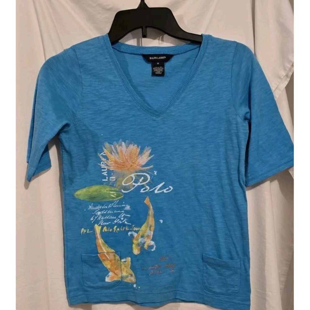 RALPH LAUREN  TOP - BLUE TURQUOISE SZ M - TEE‎ SHIRT 3/4 SLEEVE